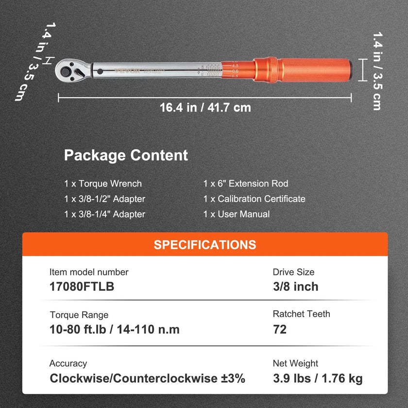 VEVOR Torque Wrench, 3/8-inch Drive Click Torque Wrench 10-80ft.lb/14-110n.m, Dual-Direction Adjustable Torque Wrench Set, Mechanical Dual Range Scales Torque Wrench Kit with Adapters Extension Rod