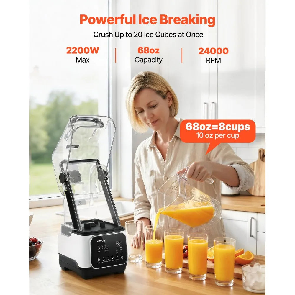 VEVOR Professional Countertop Blender with Sound Shield, 68 oz Capacity, 2200W High-Power Smoothie & Food Processor Blender – White
