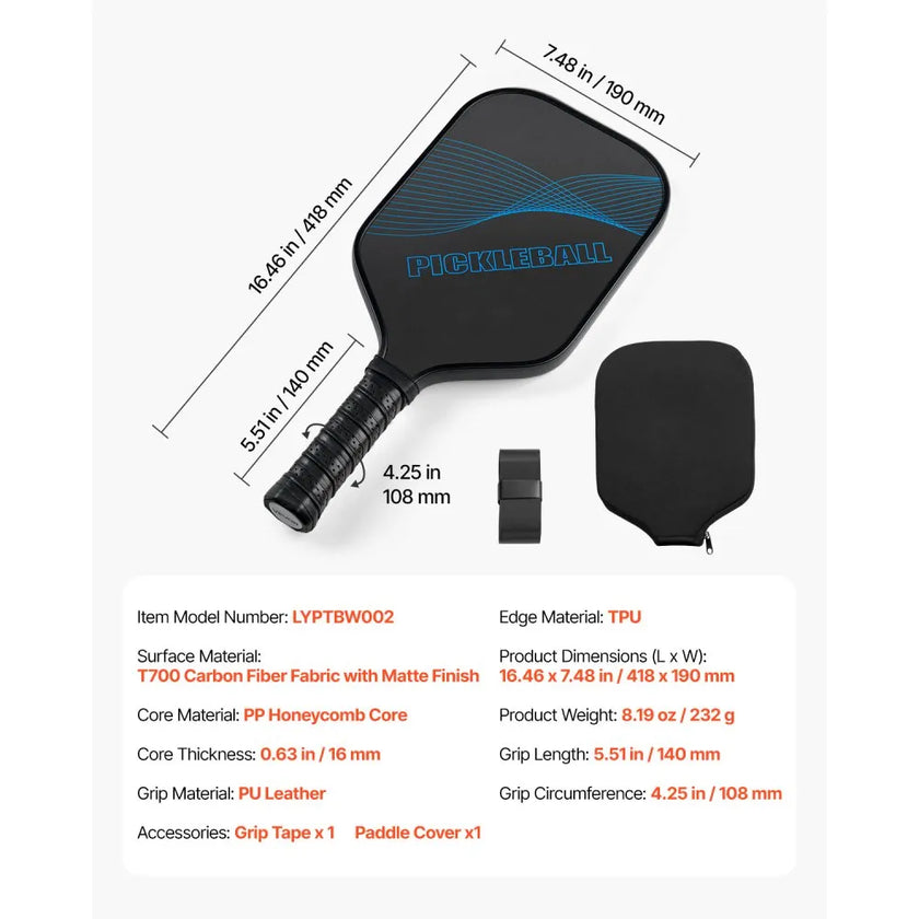 VEVOR Pro Carbon Fiber Pickleball Paddle Honeycomb Core Racket for Adults Blue