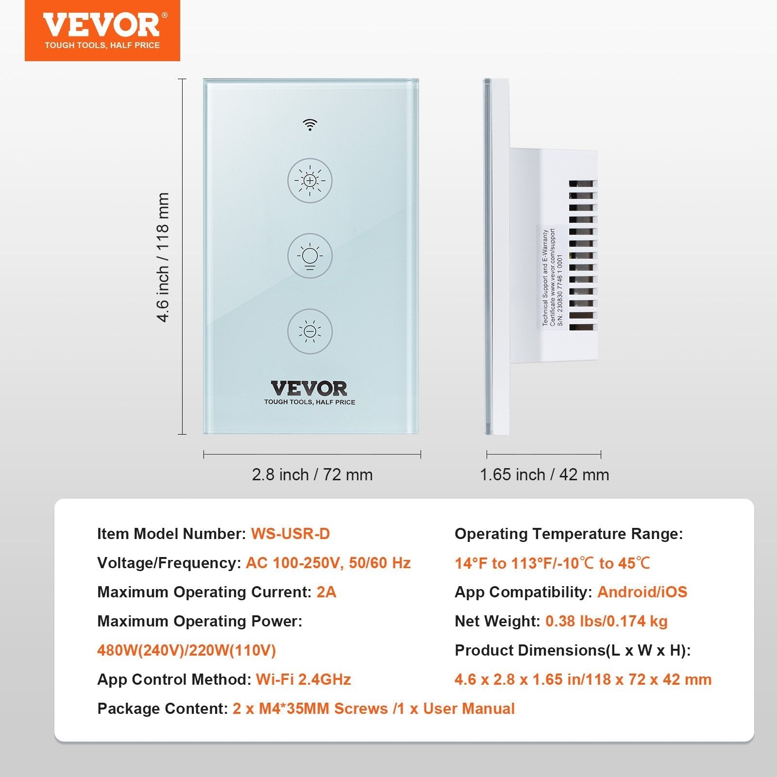 VEVOR WiFi Smart Light Dimmer Switch, 100-250V AC Wi-Fi 2.4GHz, 15% to 85% Stepless Dimming LED Dimmable Smart Switch with Touch Panel, App Remote Control Voice Compatible with Alexa Google Home