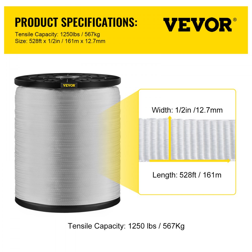 VEVOR Polyester Pull Tape, 1250 lbs Tensile Capacity, Professional Flat Rope 528' x 1/2