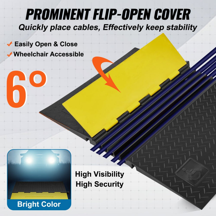 VEVOR Rubber Cable Protector Ramp, 5 Channel, 22000 lbs/axle Capacity Heavy Duty Wire Cover Ramp Hose Cord Ramp Driveway, Traffic Speed Bump with Flip-Open Top Cover, ADA Compliant for Indoor & Outdoo