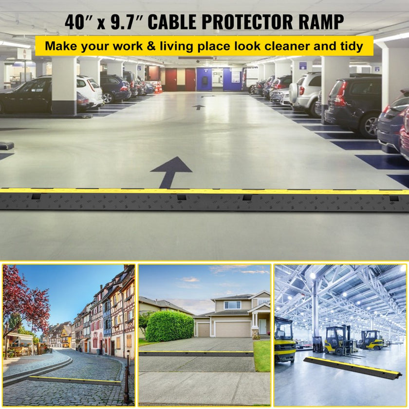 VEVOR Cable Protector Ramp, 4 Packs 2 Channels Speed Bump Hump, Rubber Modular Speed Bump Rated 11000 LBS Load Capacity, Protective Wire Cord Ramp Driveway Rubber Traffic Speed Bumps Cable Protector