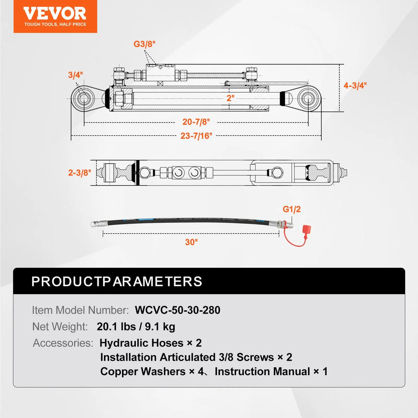 VEVOR Hydraulic Top Link Cat.1-1 (11 in, 20-7/8~31-7/8 in ), Hydraulic Cylinder with 2 Hoses & G3/8
