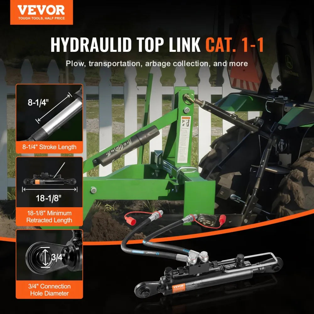 VEVOR Hydraulic Top Link Cat.1-1 (8-1/4 in, 18-1/8~26-3/8 in ), Hydraulic Cylinder with 2 Hoses & G3/8