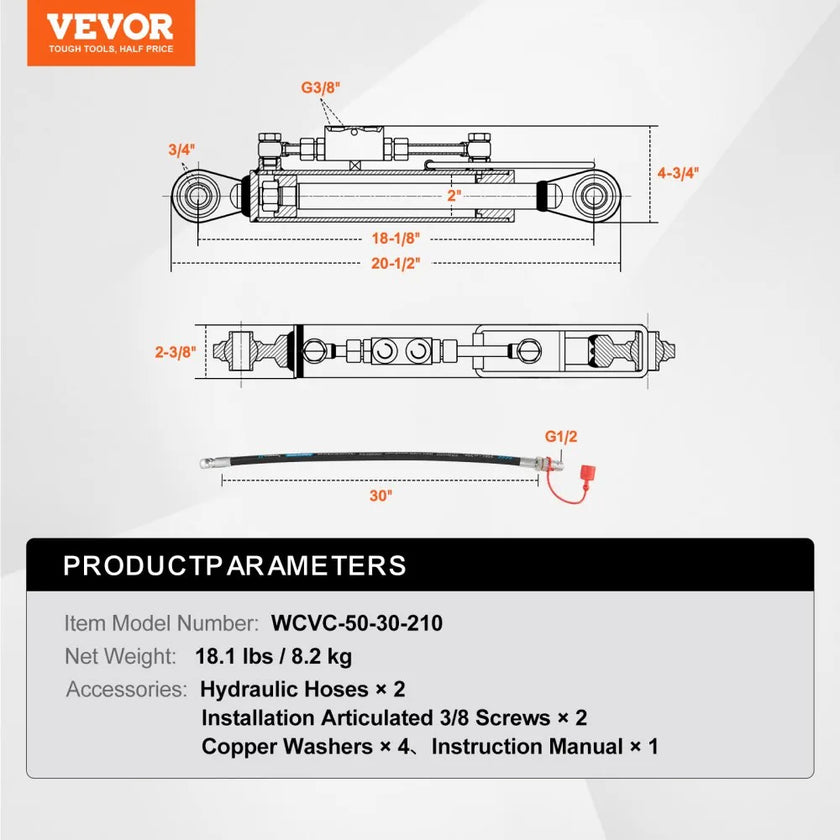 VEVOR Hydraulic Top Link Cat.1-1 (8-1/4 in, 18-1/8~26-3/8 in ), Hydraulic Cylinder with 2 Hoses & G3/8