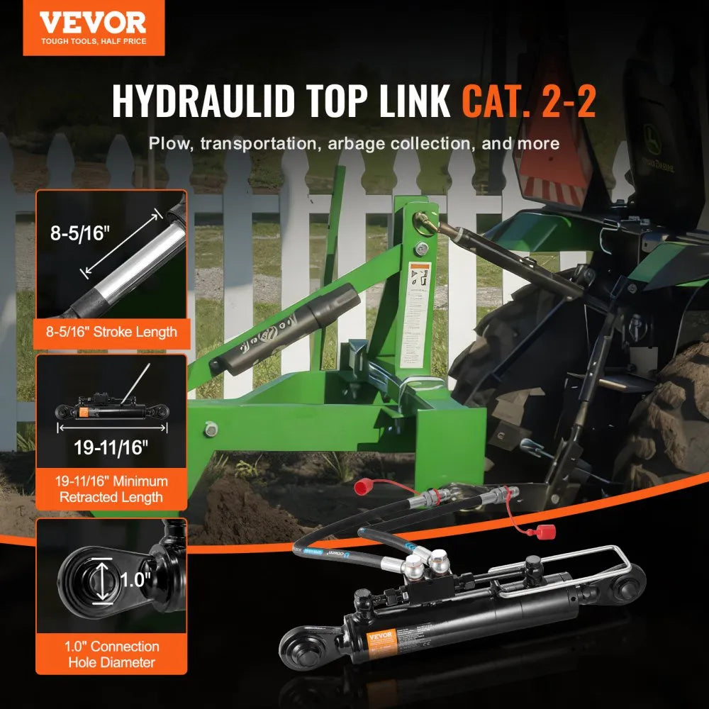 VEVOR Hydraulic Top Link Cat. 2-2（8-5/16 in, 19-11/16~28 in), Hydraulic Cylinder with 2 Hoses & G3/8