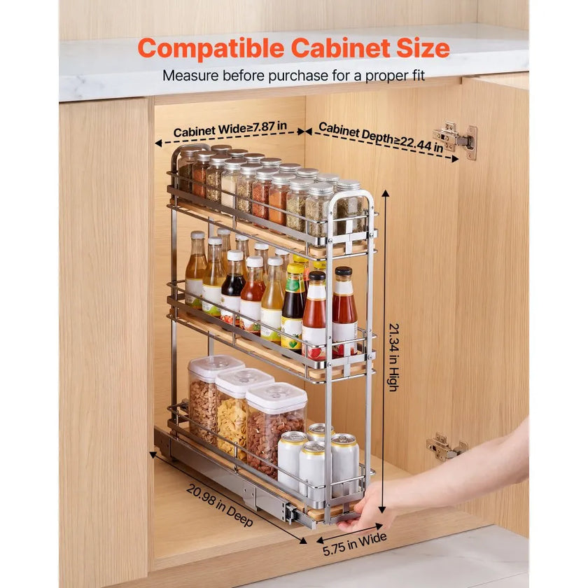 3-Tier Pull-Out Spice Rack Organizer for Cabinet – Heavy-Duty Slide-Out Kitchen Storage