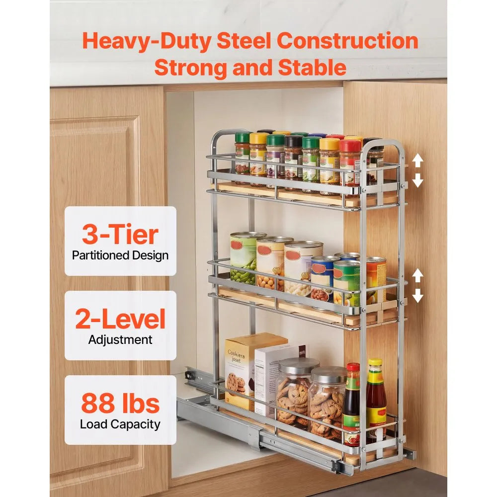 3-Tier Pull-Out Spice Rack Organizer for Cabinet – Heavy-Duty Slide-Out Kitchen Storage