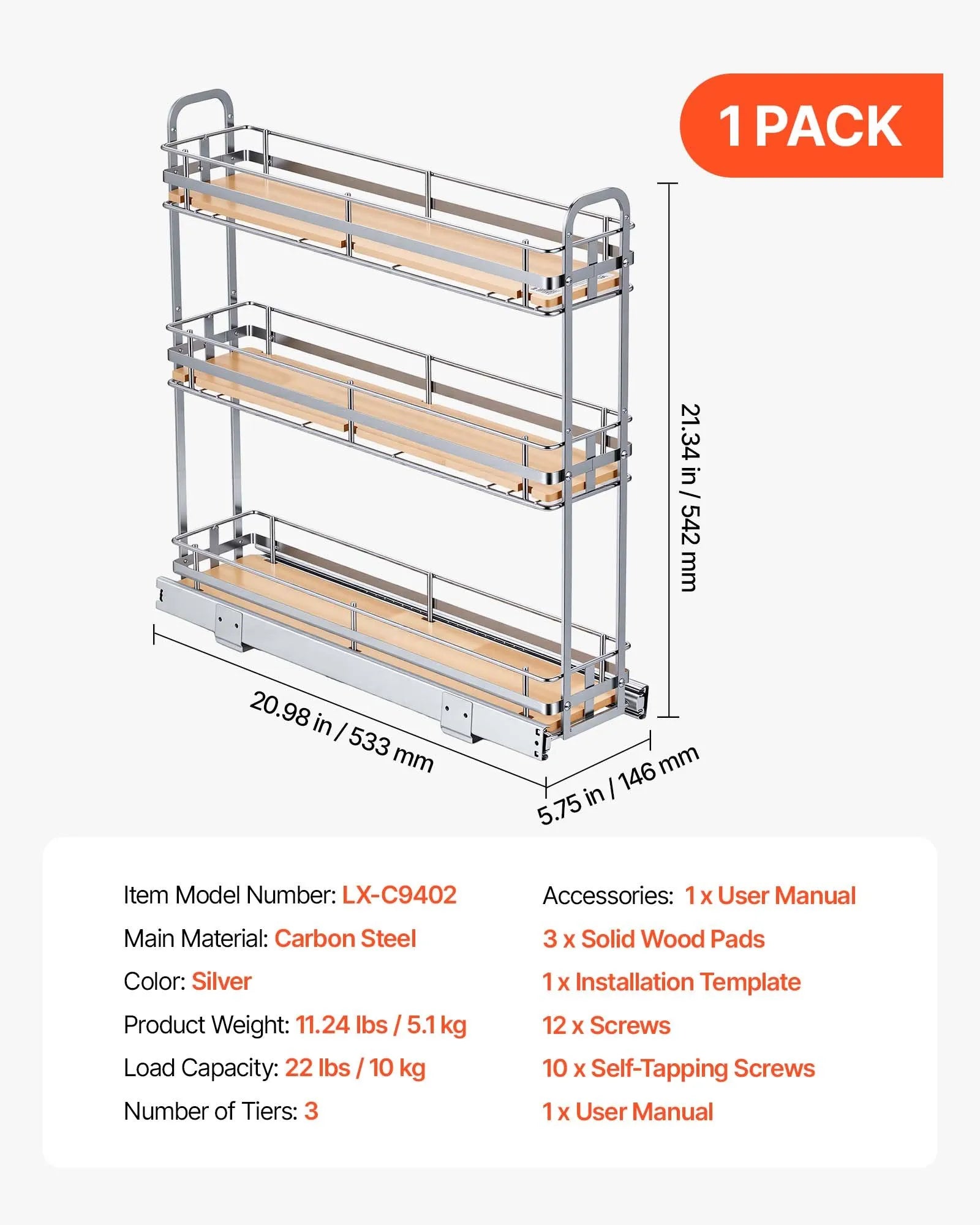 3-Tier Pull-Out Spice Rack Organizer for Cabinet – Heavy-Duty Slide-Out Kitchen Storage