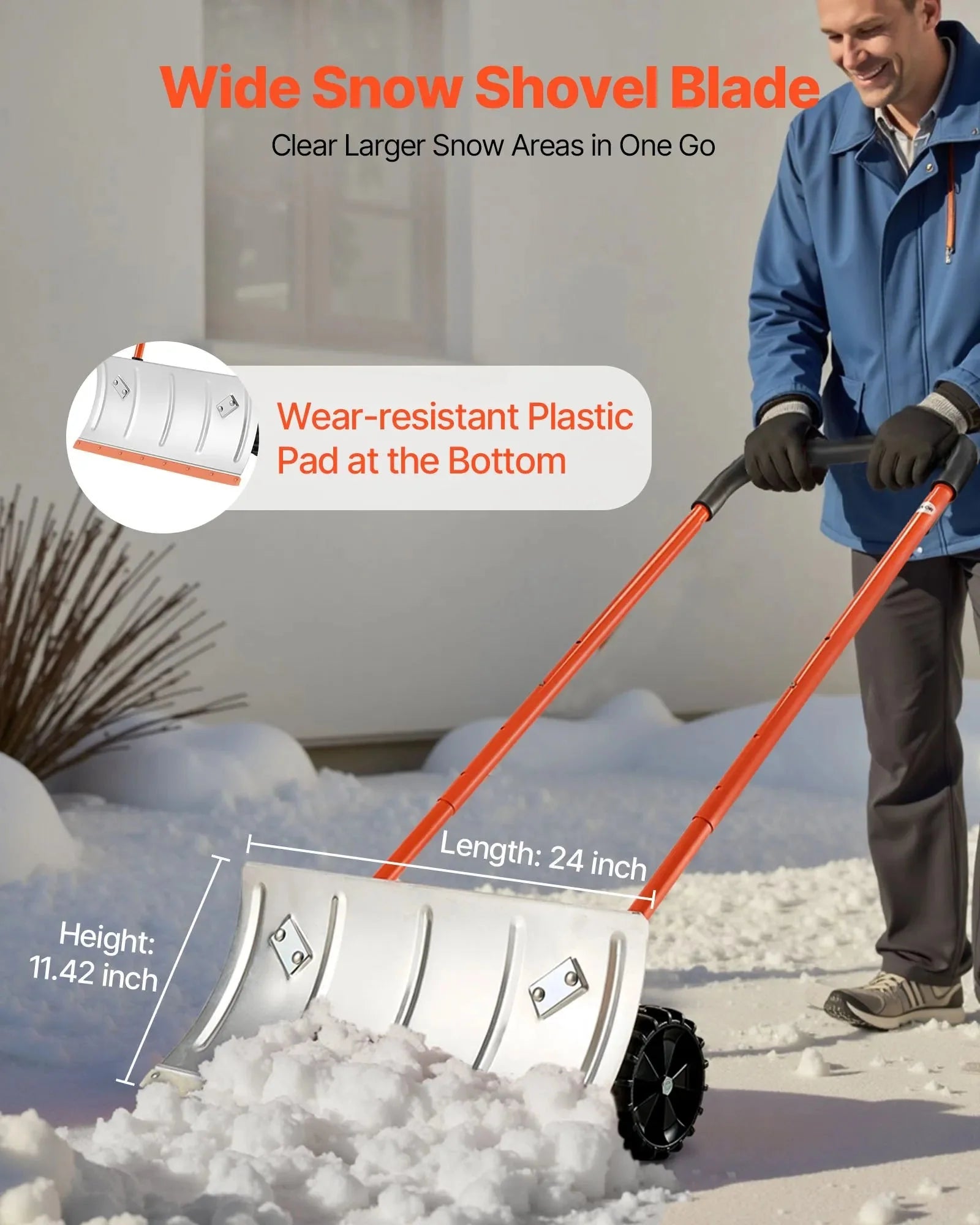 VEVOR Snow Pusher Shovel with Wheels, 24 in Wheeled Snowplow Shovel with Bi-Directional Angled Blade & 90 Degree Adjustable Handle, Metal Winter Shovels, Portable Snow Removal Tool for Driveway Garden
