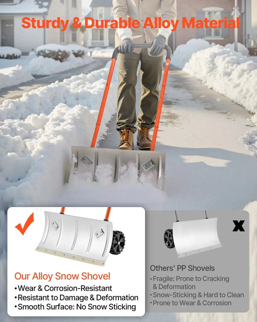 VEVOR Snow Pusher Shovel with Wheels, 24 in Wheeled Snowplow Shovel with Bi-Directional Angled Blade & 90 Degree Adjustable Handle, Metal Winter Shovels, Portable Snow Removal Tool for Driveway Garden