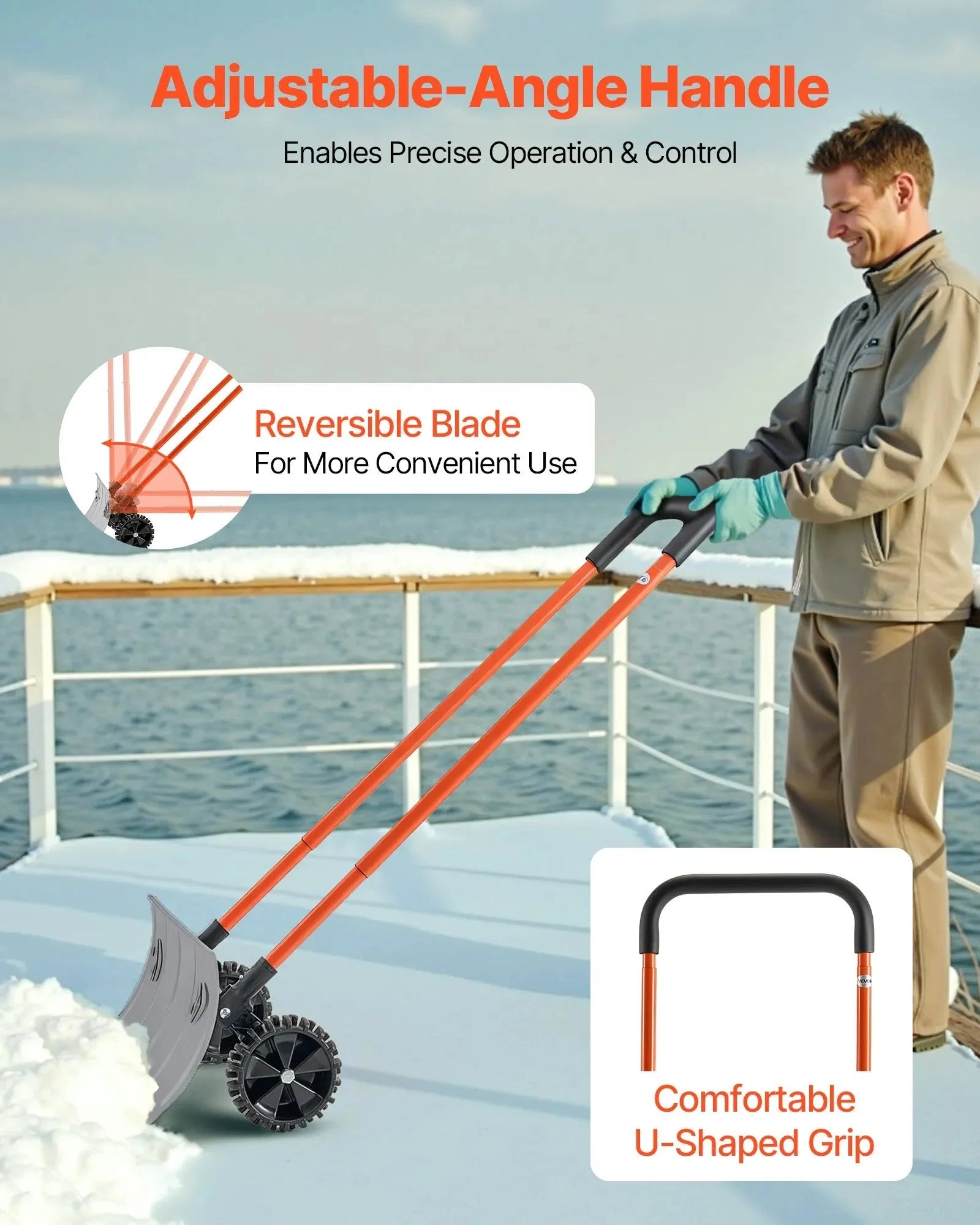 VEVOR Snow Pusher Shovel with Wheels, 24 in Wheeled Snowplow Shovel with Bi-Directional Angled Blade & 90 Degree Adjustable Handle, Metal Winter Shovels, Portable Snow Removal Tool for Driveway Garden