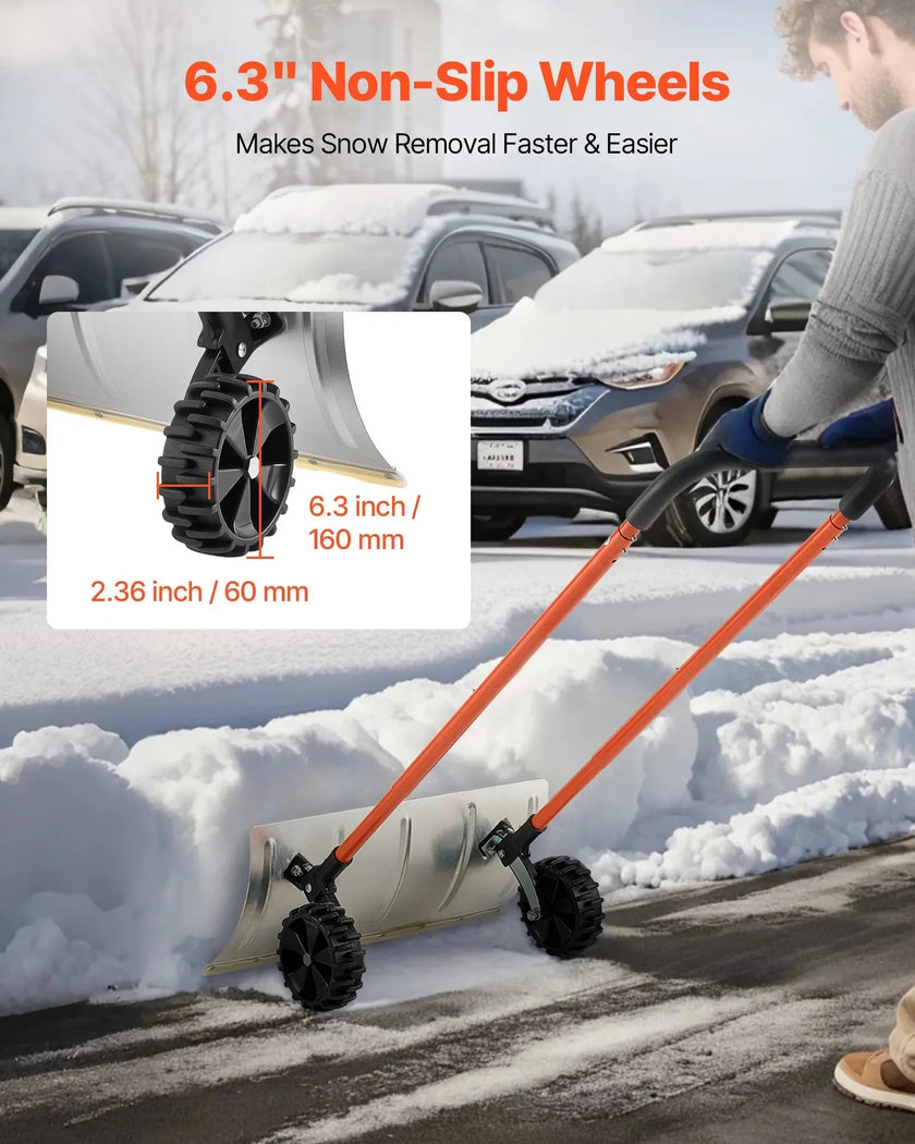 VEVOR Snow Pusher Shovel with Wheels, 24 in Wheeled Snowplow Shovel with Bi-Directional Angled Blade & 90 Degree Adjustable Handle, Metal Winter Shovels, Portable Snow Removal Tool for Driveway Garden