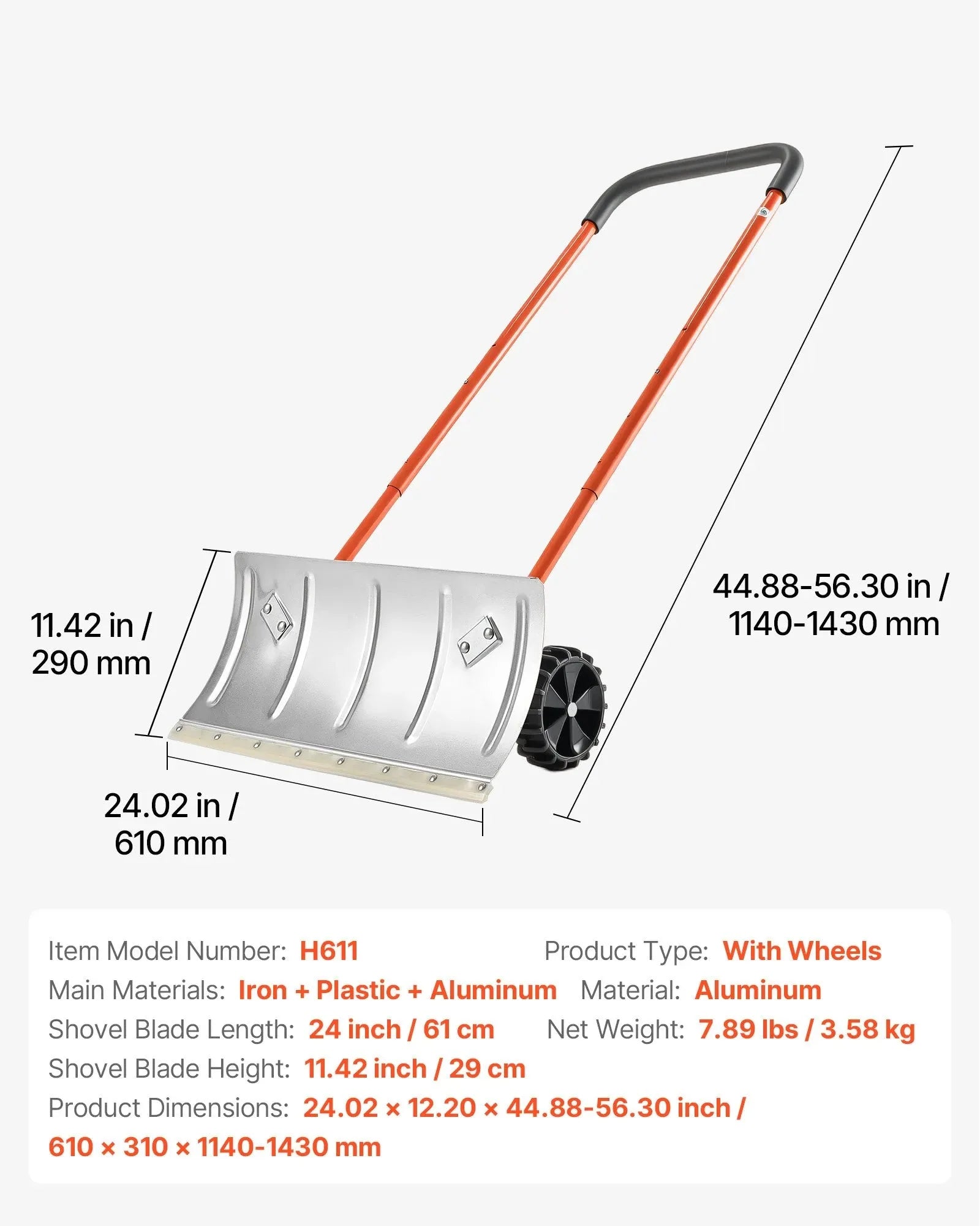 VEVOR Snow Pusher Shovel with Wheels, 24 in Wheeled Snowplow Shovel with Bi-Directional Angled Blade & 90 Degree Adjustable Handle, Metal Winter Shovels, Portable Snow Removal Tool for Driveway Garden