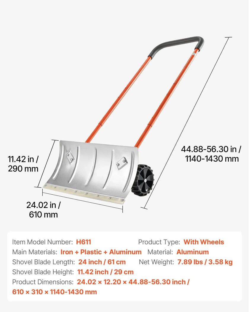 VEVOR Snow Pusher Shovel with Wheels, 24 in Wheeled Snowplow Shovel with Bi-Directional Angled Blade & 90 Degree Adjustable Handle, Metal Winter Shovels, Portable Snow Removal Tool for Driveway Garden