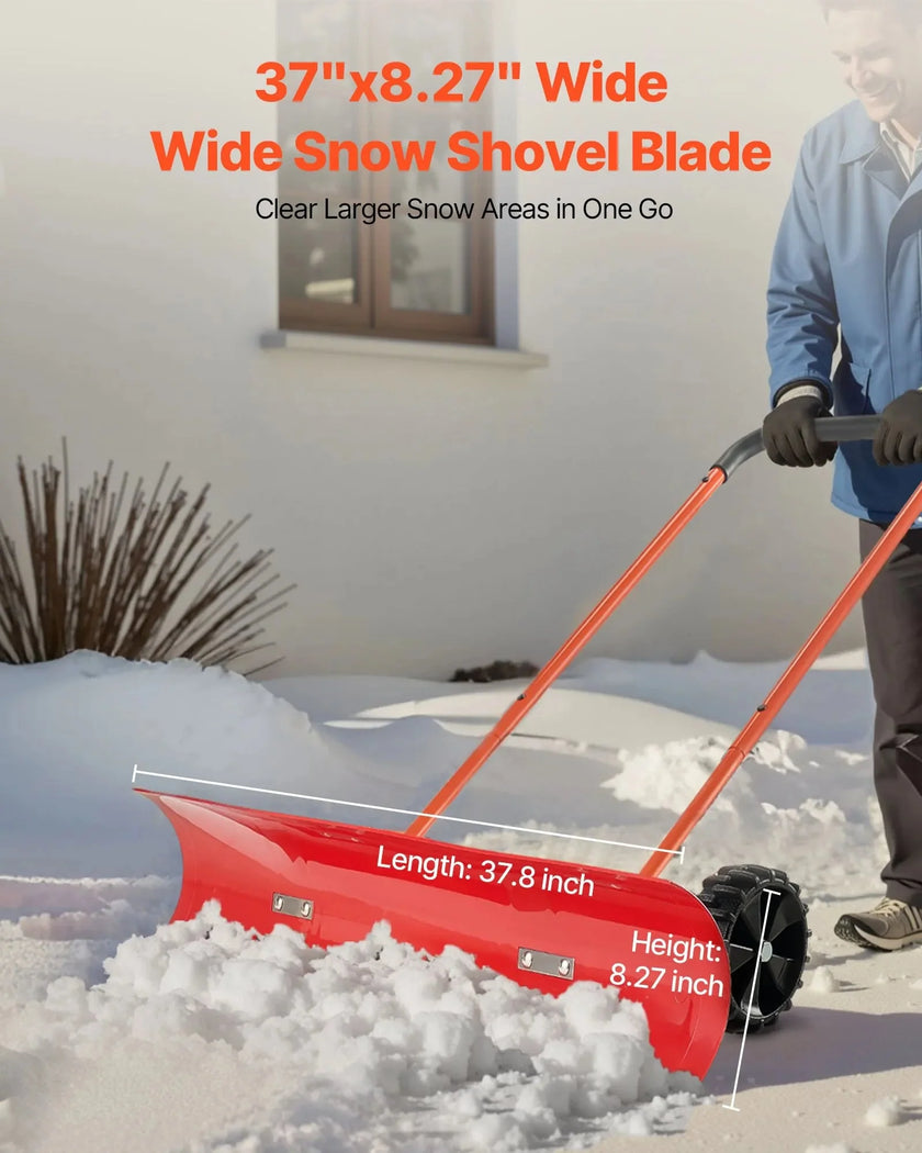 VEVOR Snow Pusher Shovel with Wheels, 37.8 in Wheeled Snowplow Shovel with Bi-Directional Angled Blade & 90° Adjustable Handle, Durable Plastic Winter Shovels, Portable Snow Removal Tool for Driveway
