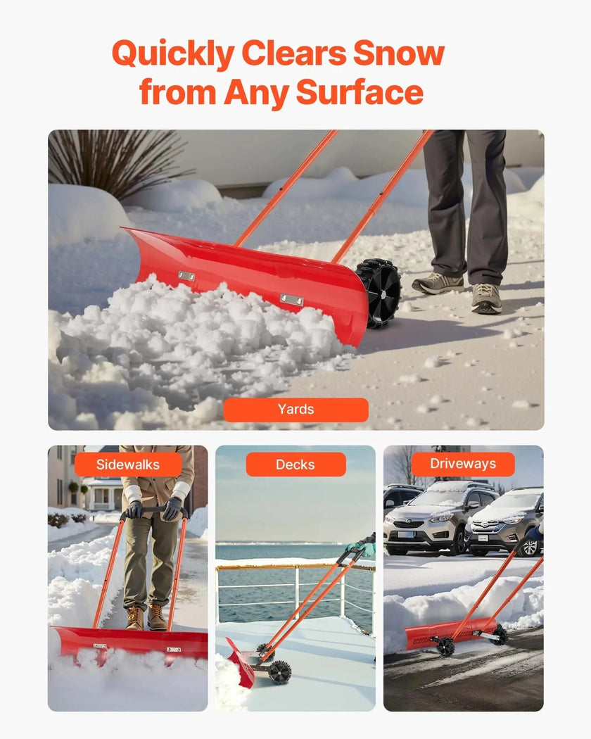 VEVOR Snow Pusher Shovel with Wheels, 37.8 in Wheeled Snowplow Shovel with Bi-Directional Angled Blade & 90° Adjustable Handle, Durable Plastic Winter Shovels, Portable Snow Removal Tool for Driveway