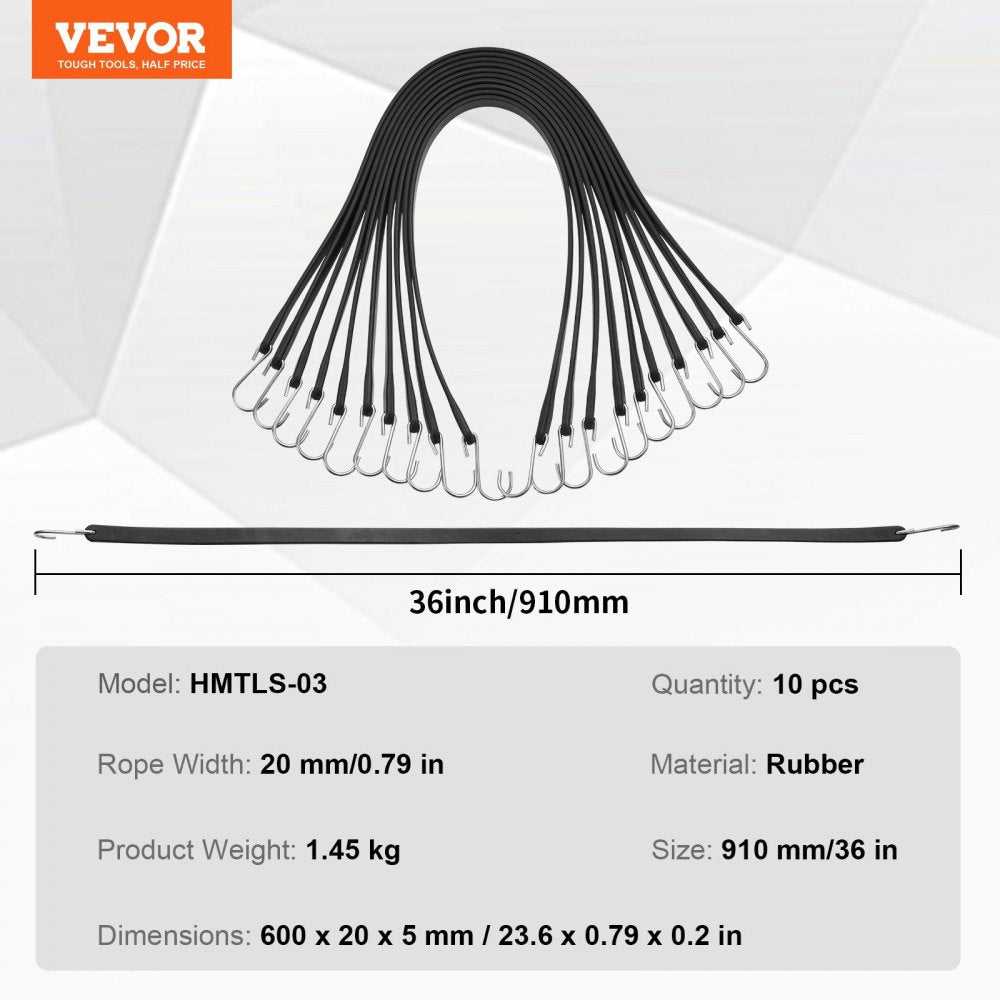 VEVOR 10 Pcs Flat Bungee Cord Set 20 mm Heavy Duty Bungee Straps with S-Hook 36
