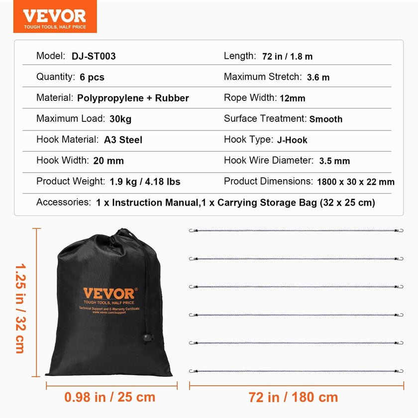 VEVOR 6 Pcs Bungee Cords with A3 Steel Hooks 72