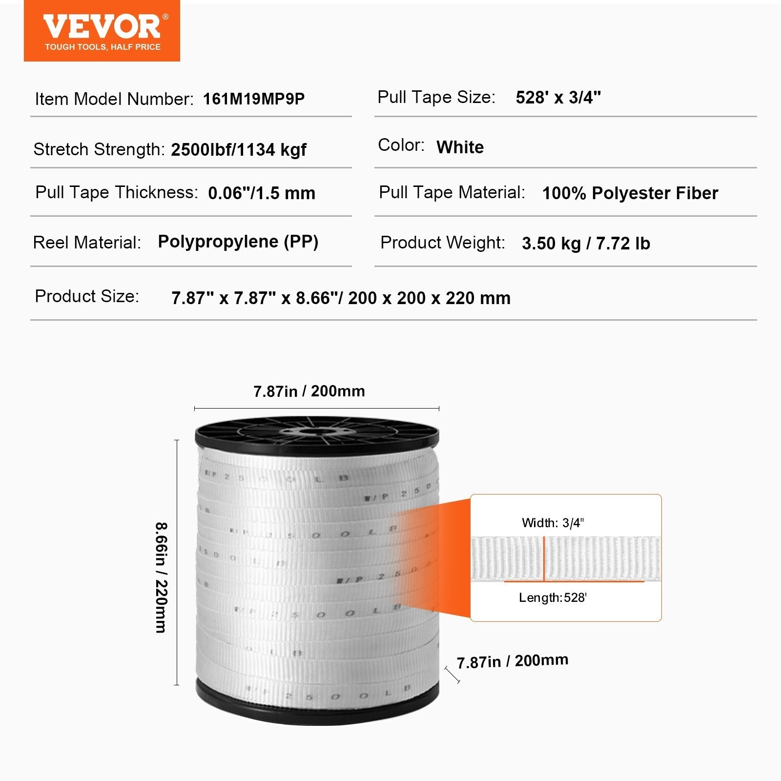 VEVOR Polyester Pull Tape, 3/4