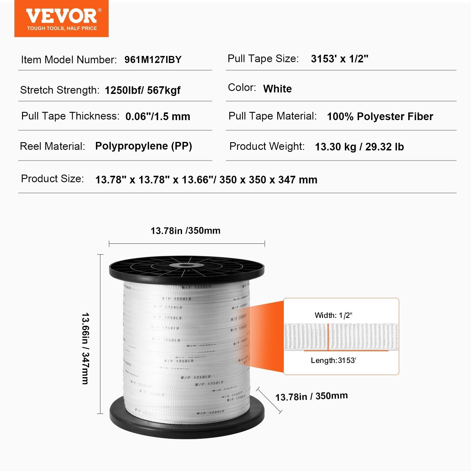 VEVOR Polyester Pull Tape, 1/2