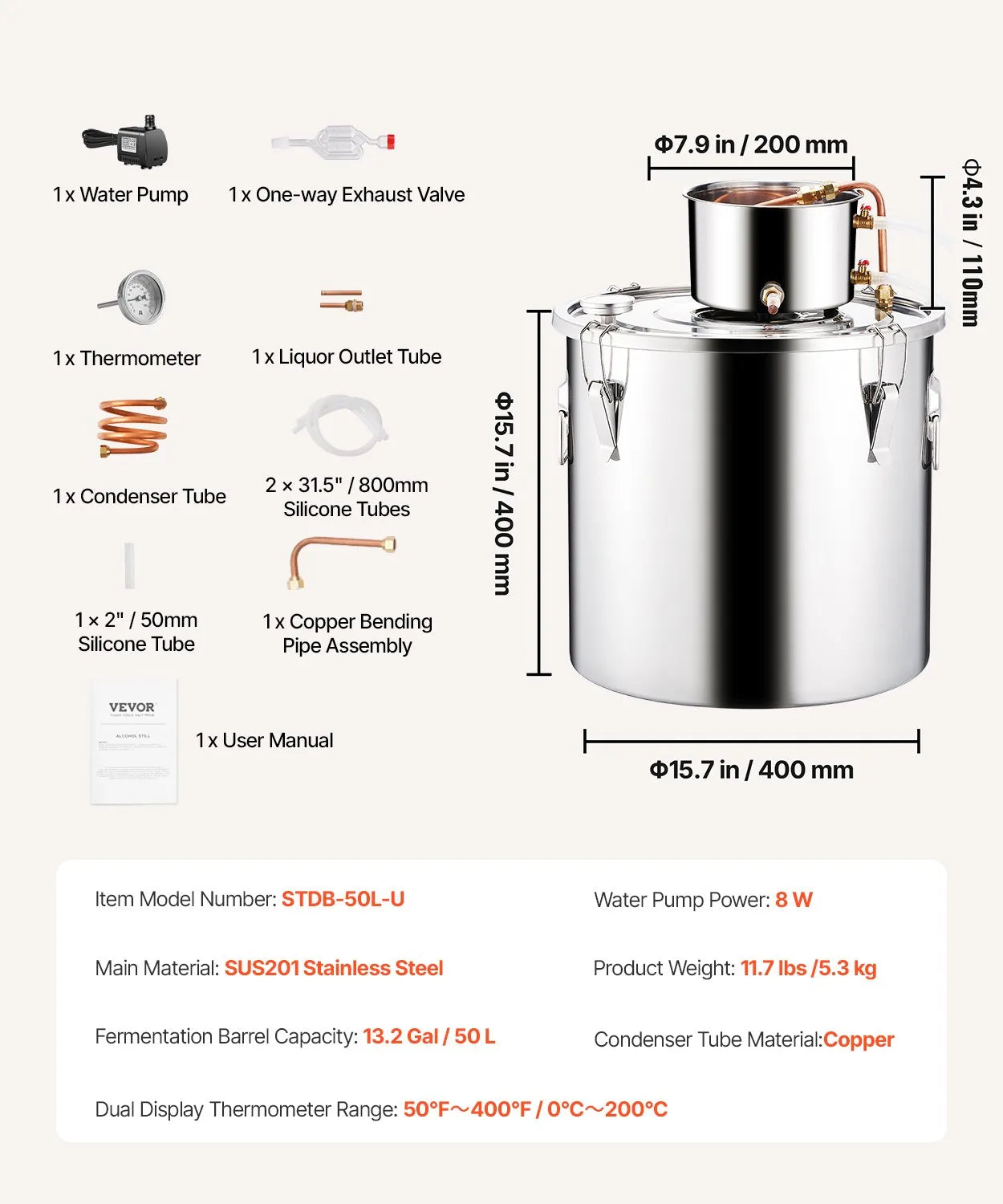 VEVOR Moonshine Still 13 Gal Water Alcohol Distiller Brewing Kit Stainless Steel