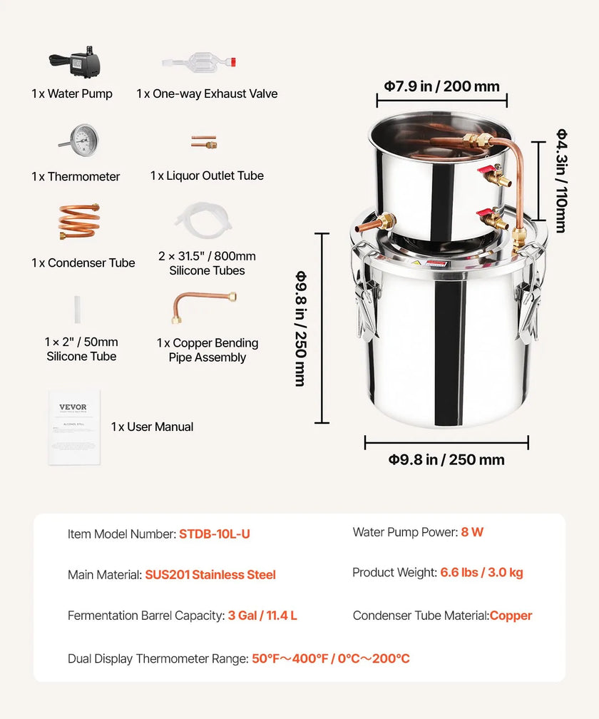 VEVOR Moonshine Still 3 Gal Water Alcohol Distiller Brewing Kit Stainless Steel