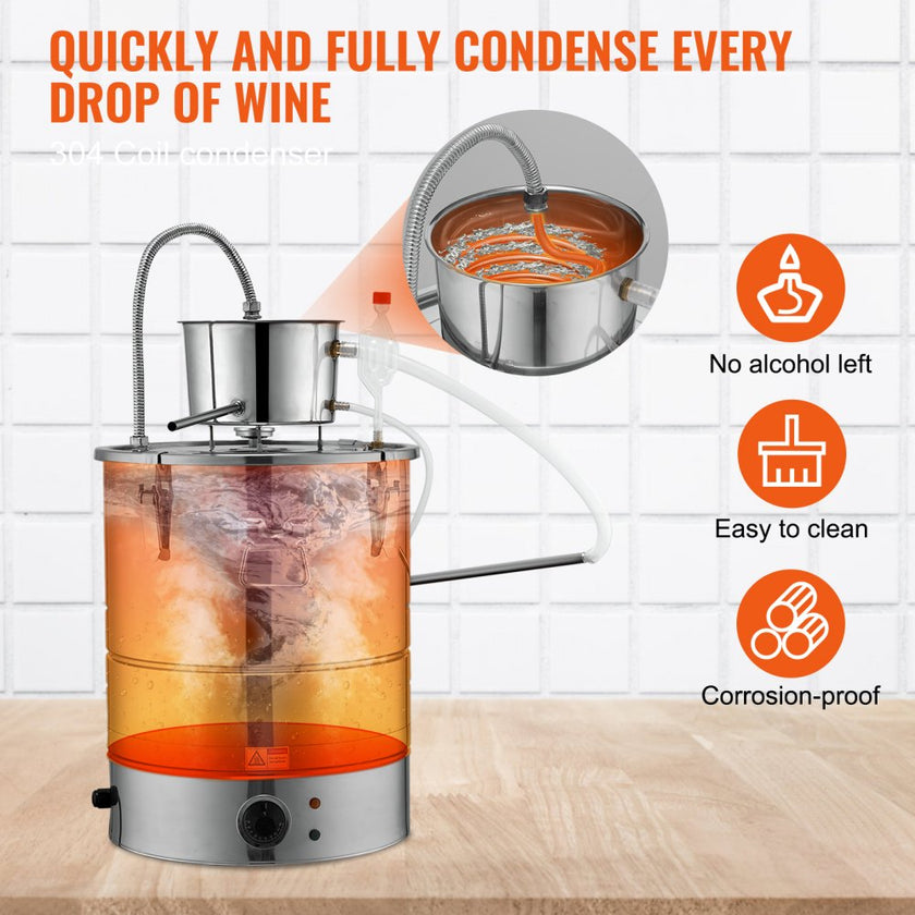 VEVOR Alcohol Still, 9 Gal 30L Water Alcohol Distiller, Home Distillery Kit include Stainless Steel Tube & Pump & One-way Exhaust Valve & Thermometer (30-120? ) for DIY Whisky Wine Brandy, Silver