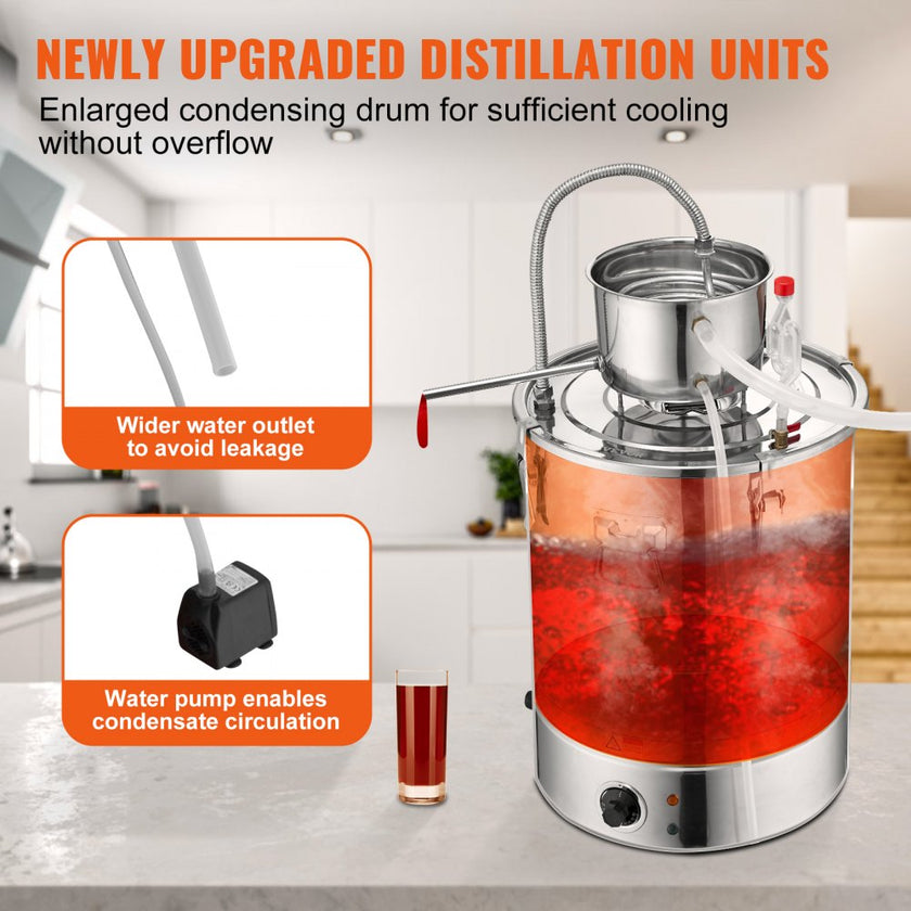 VEVOR Alcohol Still, 9 Gal 30L Water Alcohol Distiller, Home Distillery Kit include Stainless Steel Tube & Pump & One-way Exhaust Valve & Thermometer (30-120? ) for DIY Whisky Wine Brandy, Silver