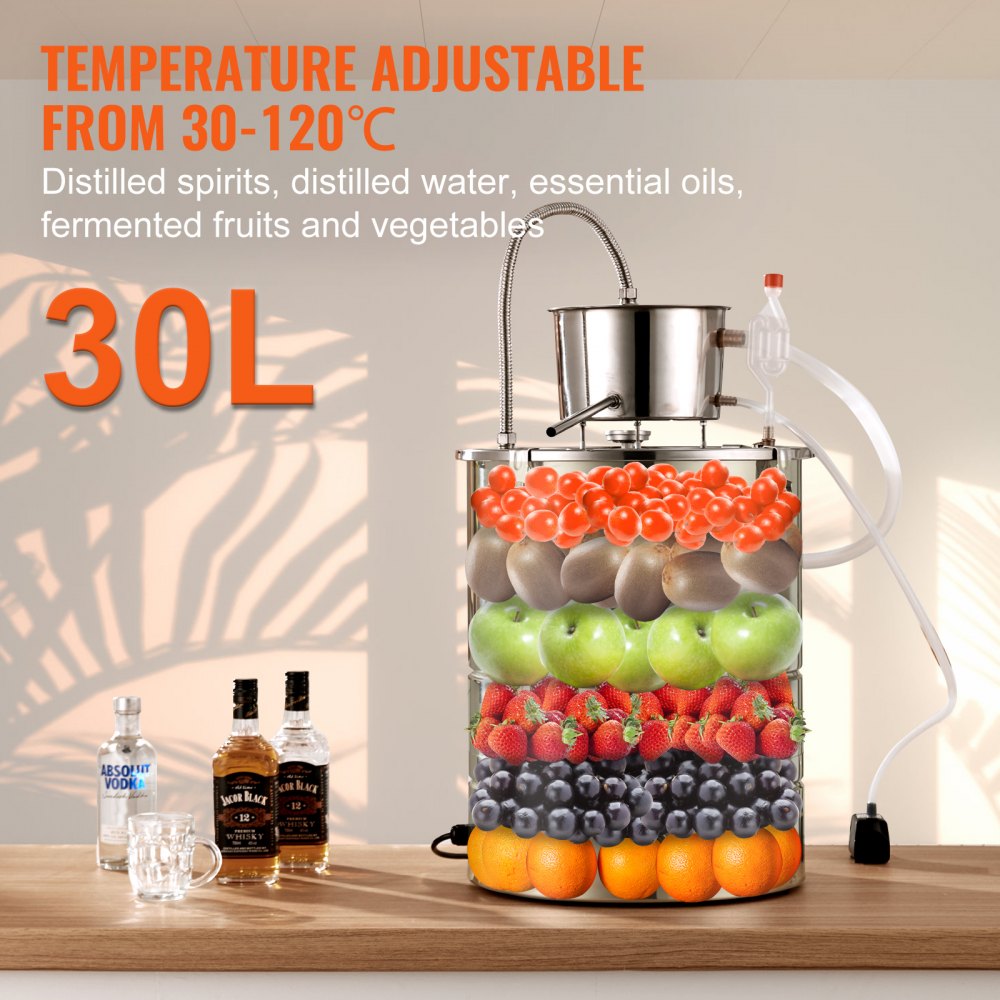 VEVOR Alcohol Still, 9 Gal 30L Water Alcohol Distiller, Home Distillery Kit include Stainless Steel Tube & Pump & One-way Exhaust Valve & Thermometer (30-120? ) for DIY Whisky Wine Brandy, Silver