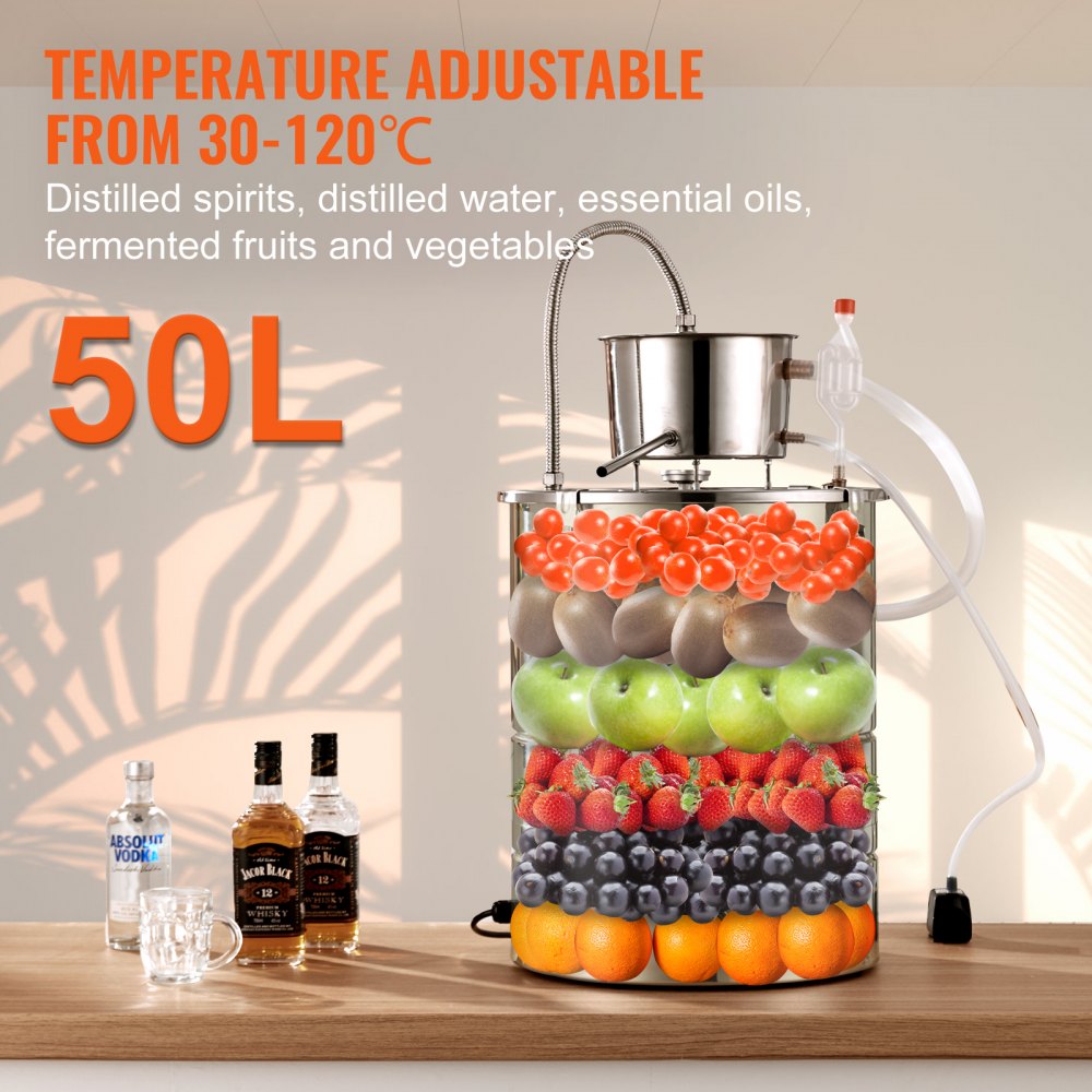 VEVOR Alcohol Still, 15 Gal 50L Water Alcohol Distiller, Home Distillery Kit include Stainless Steel Tube & Pump & One-way Exhaust Valve & Thermometer (30-120? ) for DIY Whisky Wine Brandy, Silver