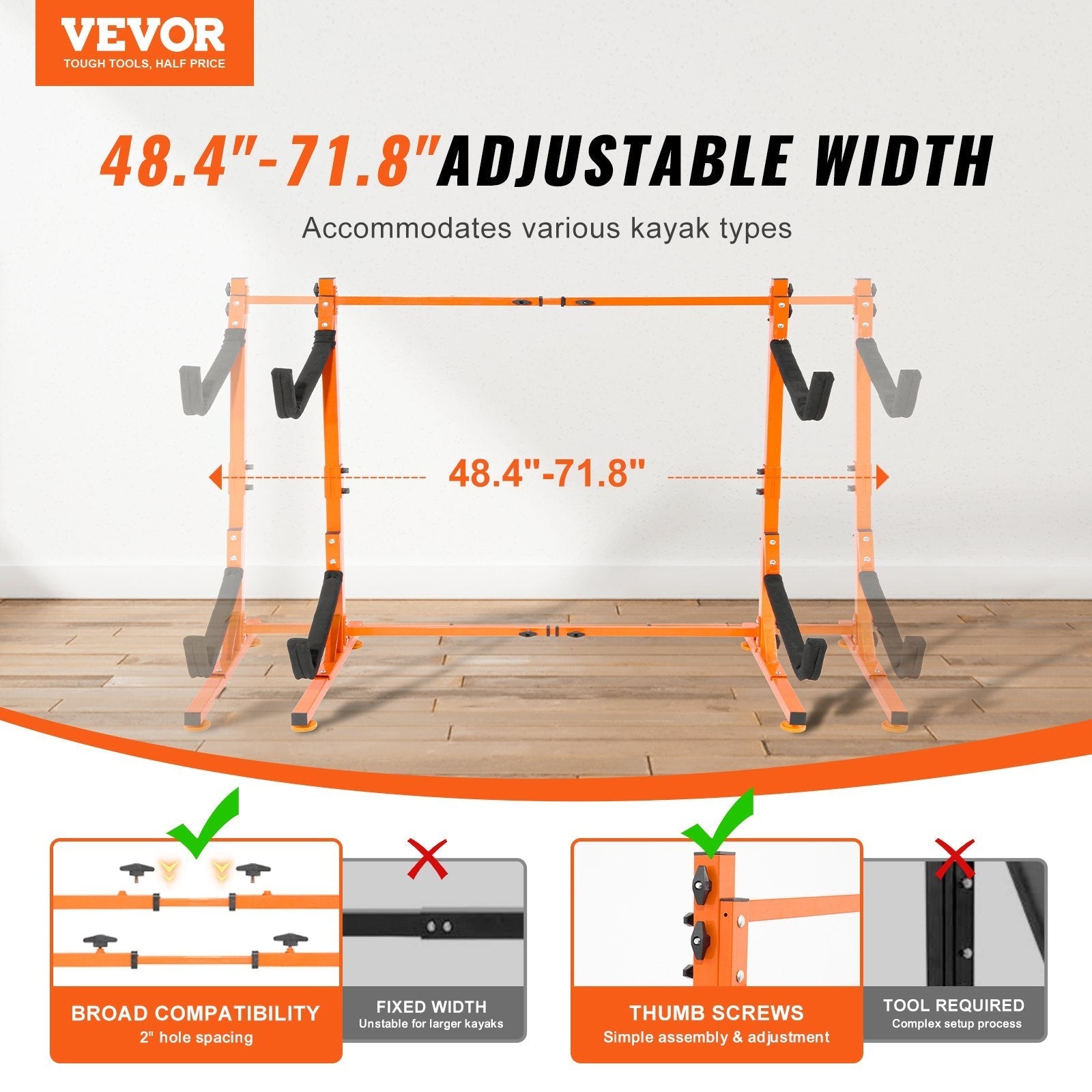 VEVOR Freestanding Kayak Storage Rack, Kayak Stand for 2 Kayak Canoe Paddleboard, Heavy-duty Steel Kayak Hanger Holder with Padded Arms and Adjustable Width, 175LBS Max Load, for Indoor Outdoor Garage