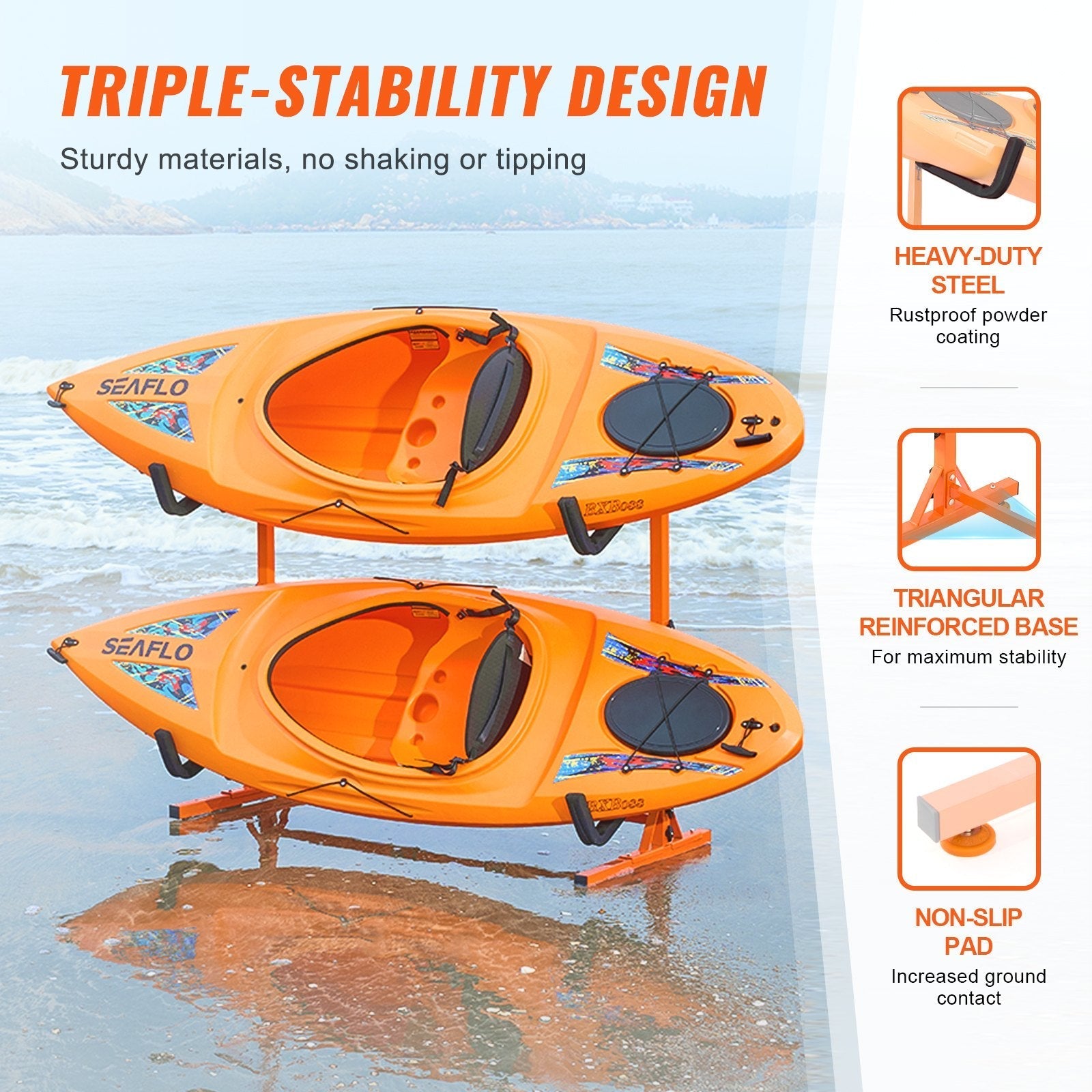 VEVOR Freestanding Kayak Storage Rack, Kayak Stand for 2 Kayak Canoe Paddleboard, Heavy-duty Steel Kayak Hanger Holder with Padded Arms and Adjustable Width, 175LBS Max Load, for Indoor Outdoor Garage