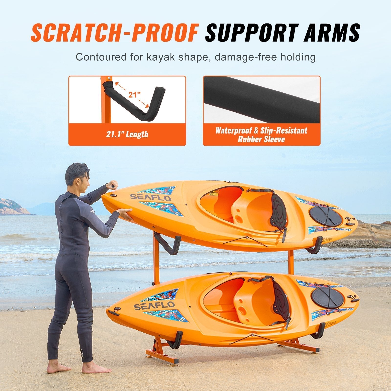 VEVOR Freestanding Kayak Storage Rack, Kayak Stand for 2 Kayak Canoe Paddleboard, Heavy-duty Steel Kayak Hanger Holder with Padded Arms and Adjustable Width, 175LBS Max Load, for Indoor Outdoor Garage