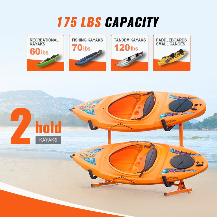 VEVOR Freestanding Kayak Storage Rack, Kayak Stand for 2 Kayak Canoe Paddleboard, Heavy-duty Steel Kayak Hanger Holder with Padded Arms and Adjustable Width, 175LBS Max Load, for Indoor Outdoor Garage