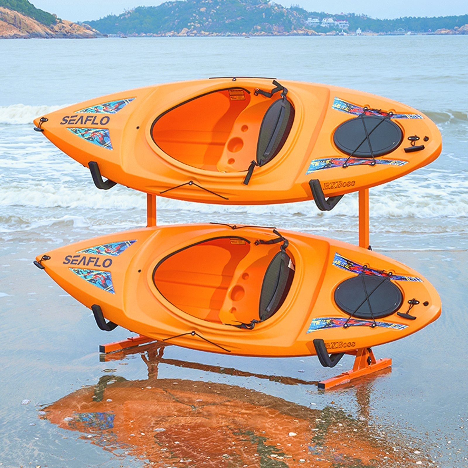 VEVOR Freestanding Kayak Storage Rack, Kayak Stand for 2 Kayak Canoe Paddleboard, Heavy-duty Steel Kayak Hanger Holder with Padded Arms and Adjustable Width, 175LBS Max Load, for Indoor Outdoor Garage
