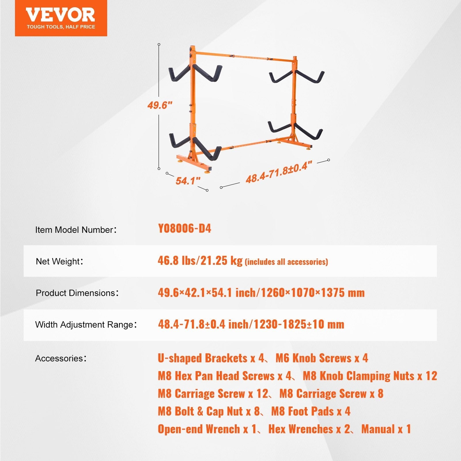 VEVOR Freestanding Kayak Storage Rack, Kayak Stand for 4 Kayak Canoe Paddleboard, Heavy-duty Steel Kayak Hanger Holder with Padded Arms and Adjustable Width, 220LBS Max Load, for Indoor Outdoor Garage