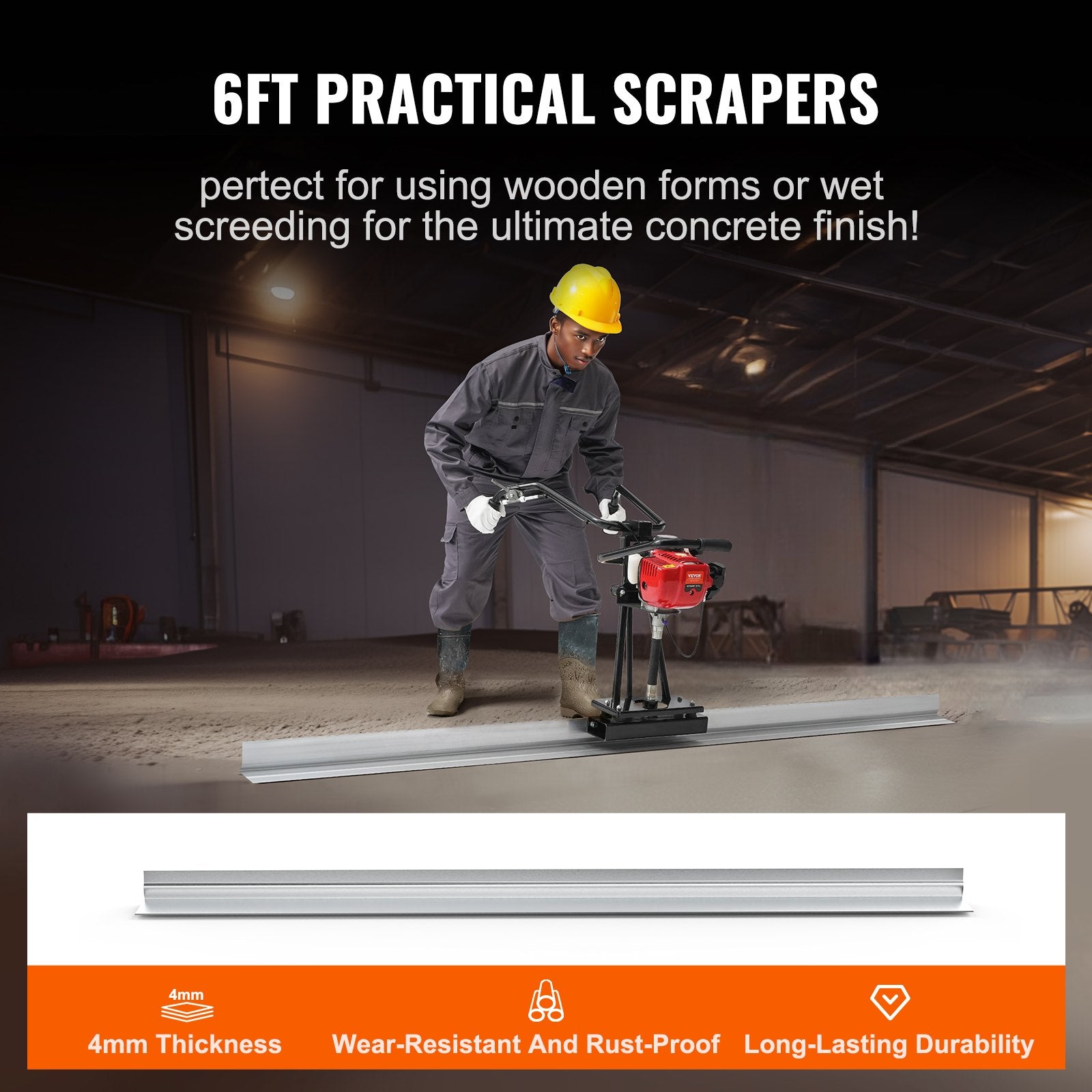 VEVOR Gas Concrete Power Screed, 6ft Aluminum Board Straight Edge Bar Set, 4 Stroke Cement Finishing Vibrating Motor with Height Adjustable Handles, High Efficient Concrete Tools 6500RPM