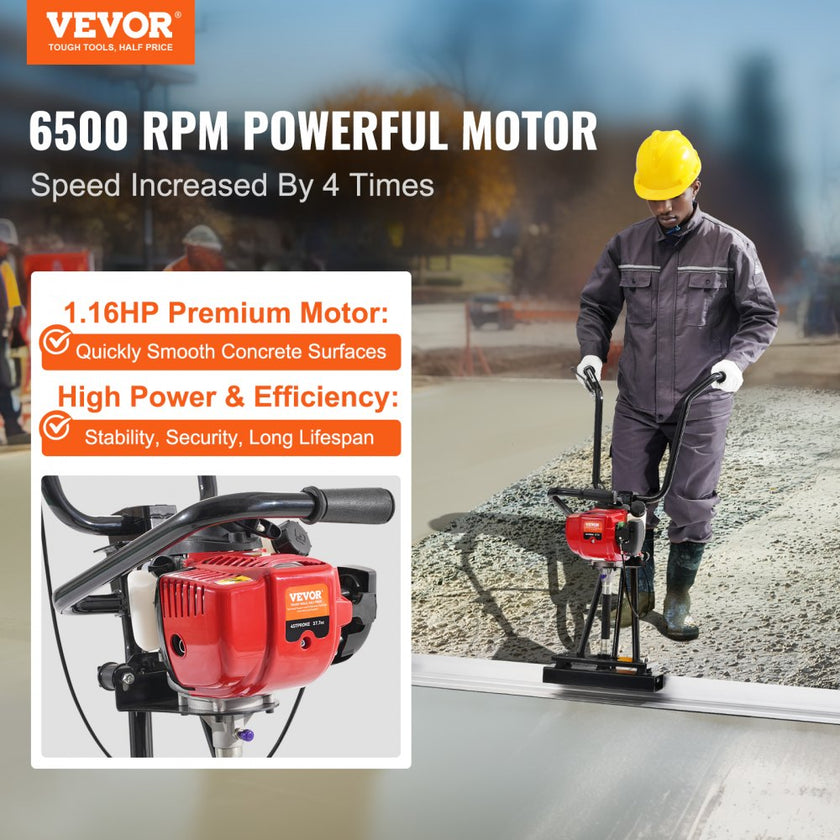 VEVOR Gas Concrete Power Screed, 6ft/8ft/11ft Aluminum Board Straight Edge Bar Set, 4 Stroke Cement Finishing Vibrating Motor w/ Height Adjustable Handles, High Efficient Concrete Tool 6500RPM