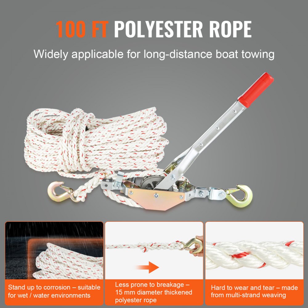 VEVOR Rope Puller, 3/4 Ton (1,653 lbs) Pulling Capacity, with 100' of 0.6