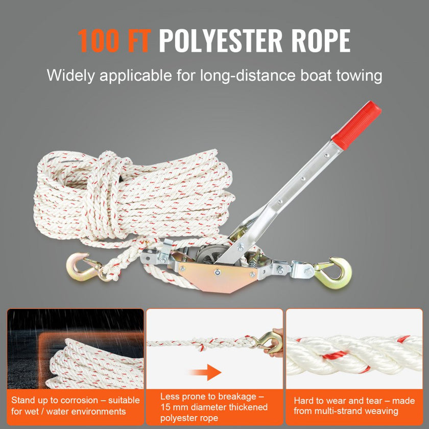 VEVOR Rope Puller, 3/4 Ton (1,653 lbs) Pulling Capacity, with 100' of 0.6