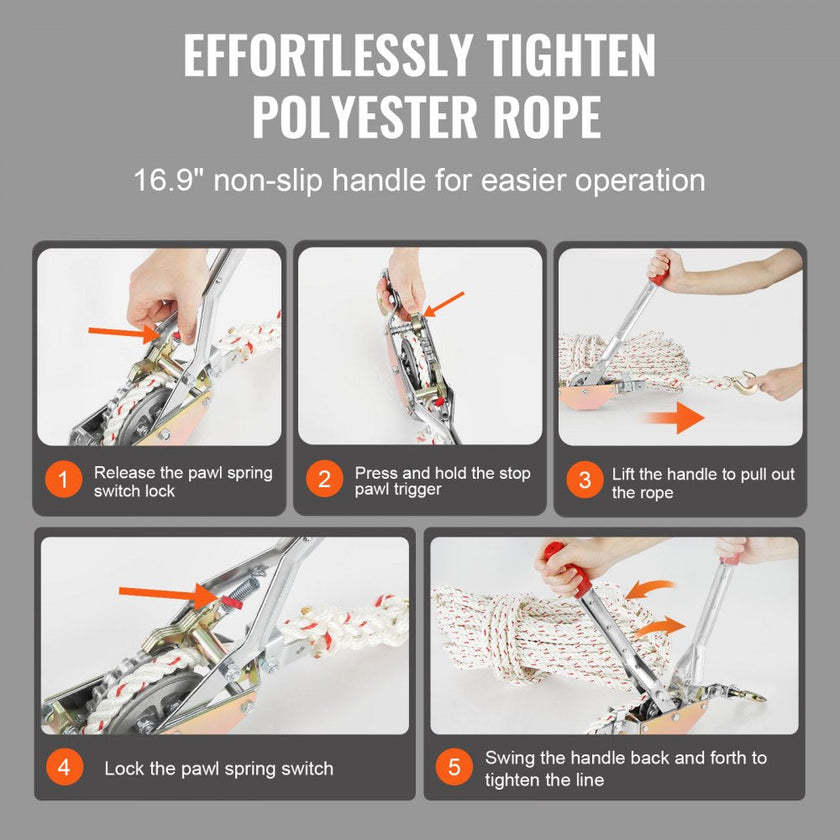 VEVOR Rope Puller, 3/4 Ton (1,653 lbs) Pulling Capacity, with 100' of 0.6