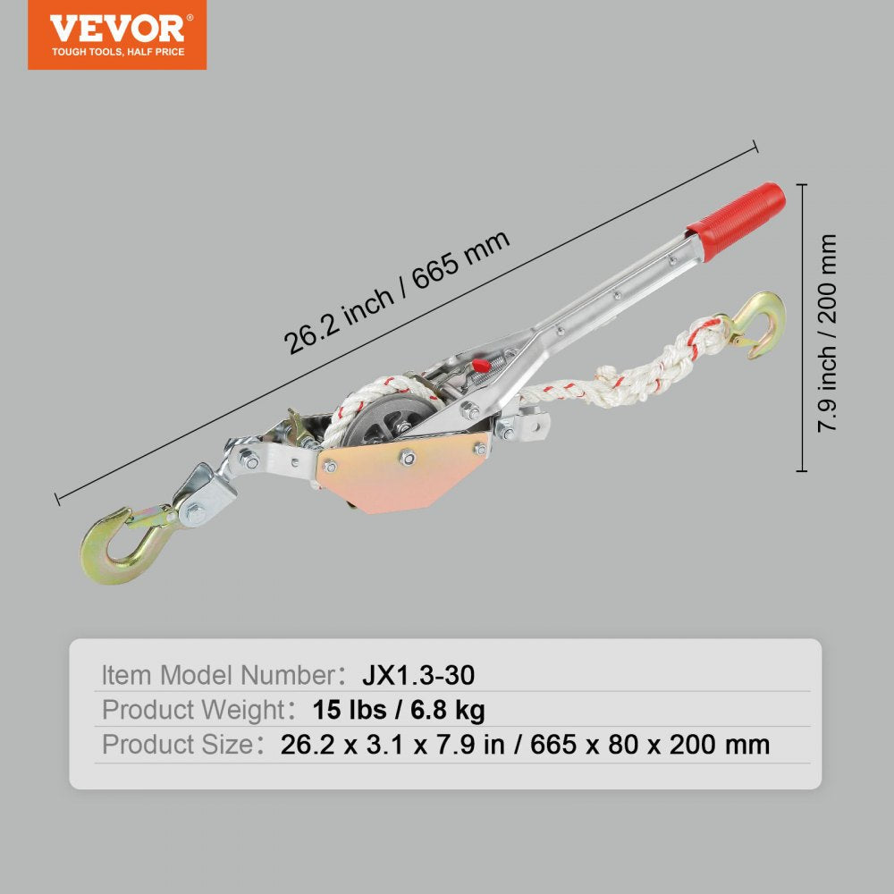 VEVOR Rope Puller, 3/4 Ton (1,653 lbs) Pulling Capacity, with 100' of 0.6