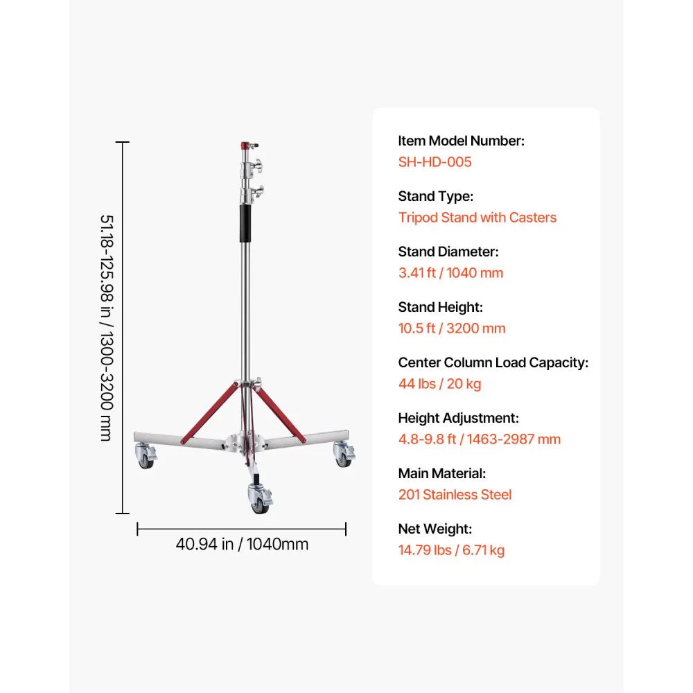 VEVOR Heavy Duty Light Stand with Casters Max Height 10.5ft/320cm Tripod Stand