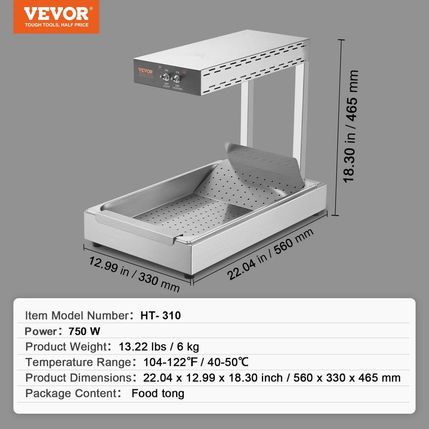 VEVOR French Fry Food Warmer, 750W Commercial Food Heating Lamp, Electric Stainless Steel Warming Light Dump Station, Countertop 104-122°F Fries Food Warmer for Chip Buffet Kitchen Restaurant, Silver