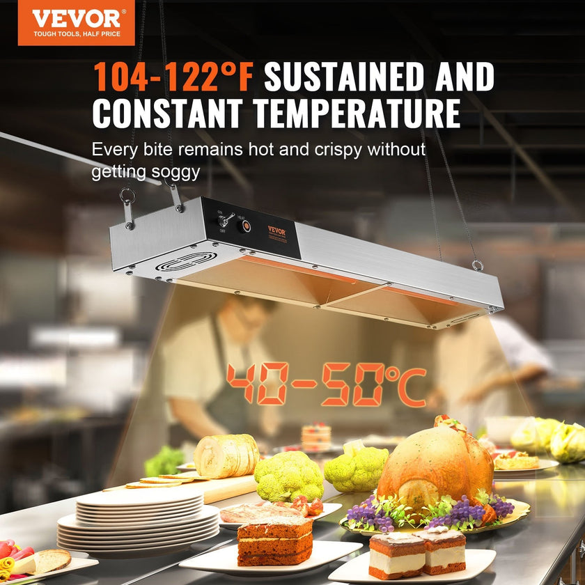 VEVOR French Fry Food Warmer, 850W Commercial Strip Food Heating Lamp, Electric Stainless Steel Warming Light Dump Station, Overhead 104-122°F Fries Warmer for Chip Buffet Kitchen Restaurant, Silver