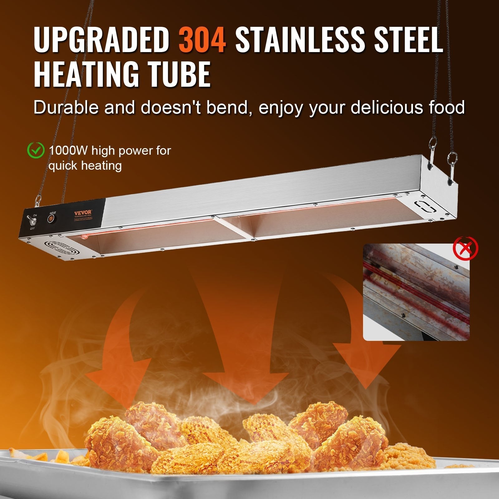 VEVOR French Fry Food Warmer, 850W Commercial Strip Food Heating Lamp, Electric Stainless Steel Warming Light Dump Station, Overhead 104-122°F Fries Warmer for Chip Buffet Kitchen Restaurant, Silver