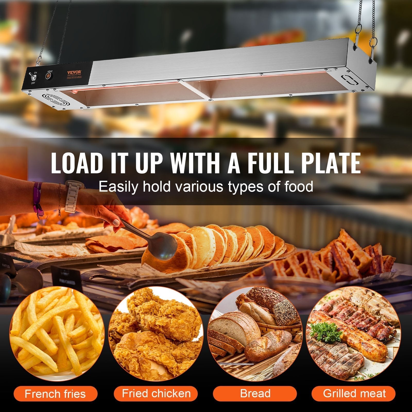 VEVOR French Fry Food Warmer, 850W Commercial Strip Food Heating Lamp, Electric Stainless Steel Warming Light Dump Station, Overhead 104-122°F Fries Warmer for Chip Buffet Kitchen Restaurant, Silver