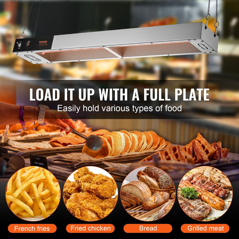 VEVOR French Fry Food Warmer, 850W Commercial Strip Food Heating Lamp, Electric Stainless Steel Warming Light Dump Station, Overhead 104-122°F Fries Warmer for Chip Buffet Kitchen Restaurant, Silver